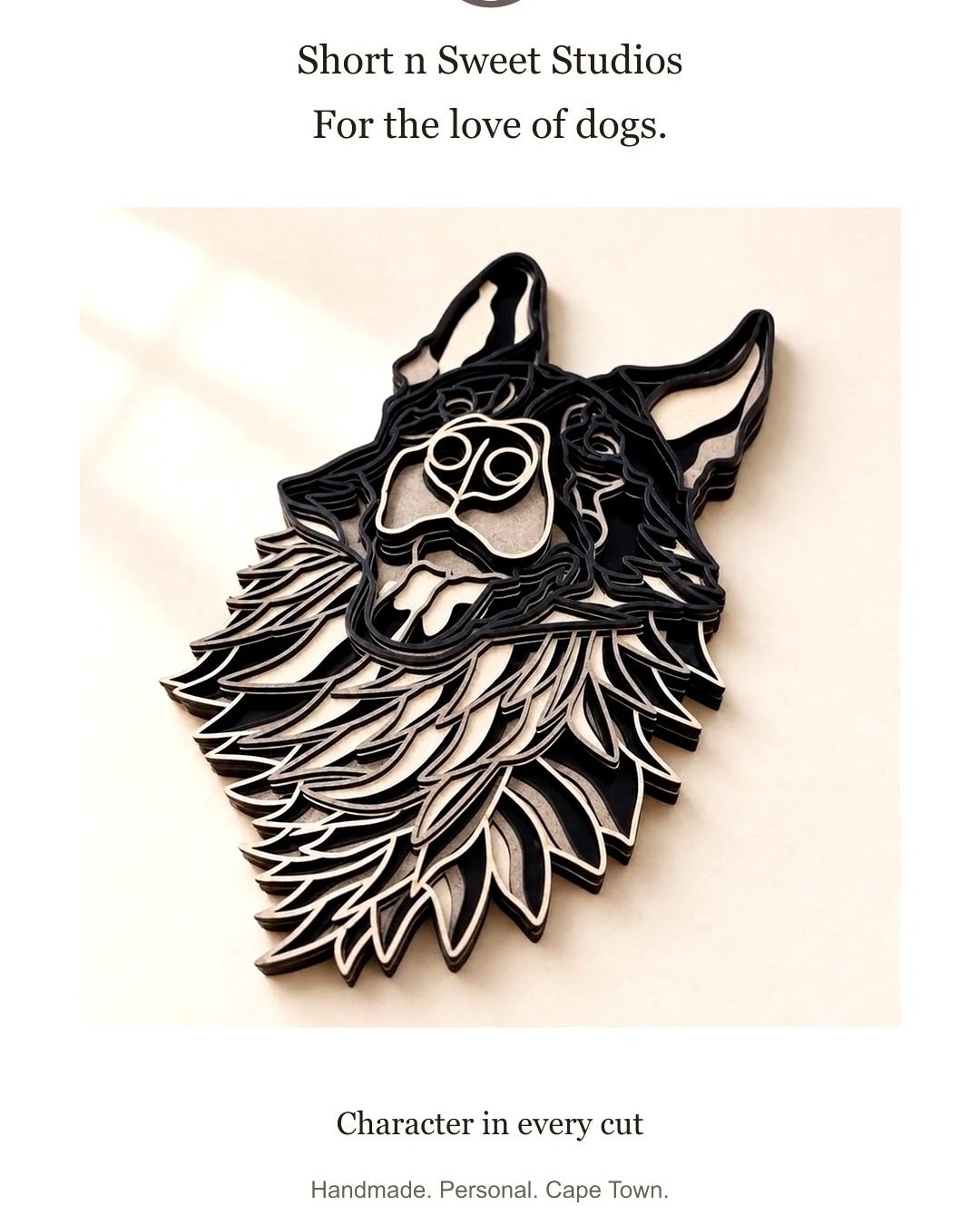 Layered laser-cut wooden German shepherd portrait with dark cut edges.
